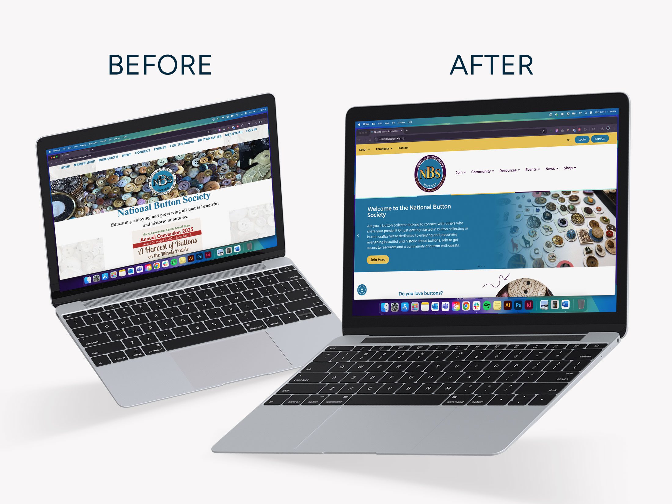 National Button Society website redesign: before and after comparison showcasing modern, accessible user experience.