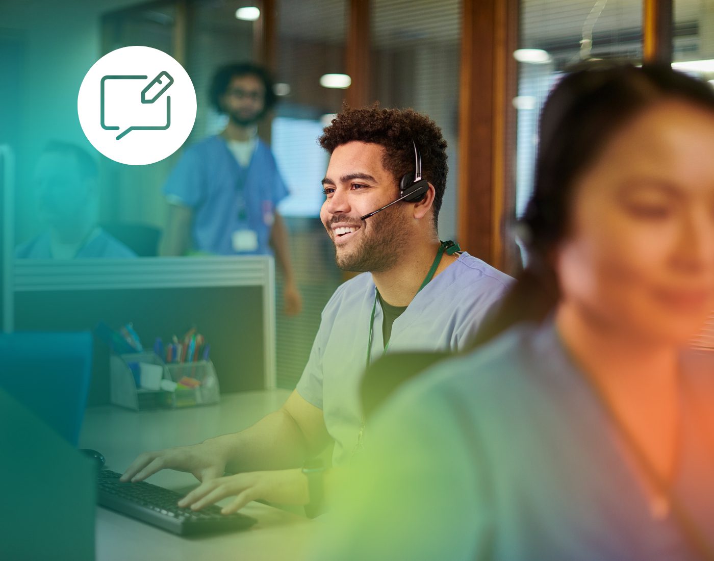 Healthcare professional with headset providing patient support and digital engagement for medical device marketing.