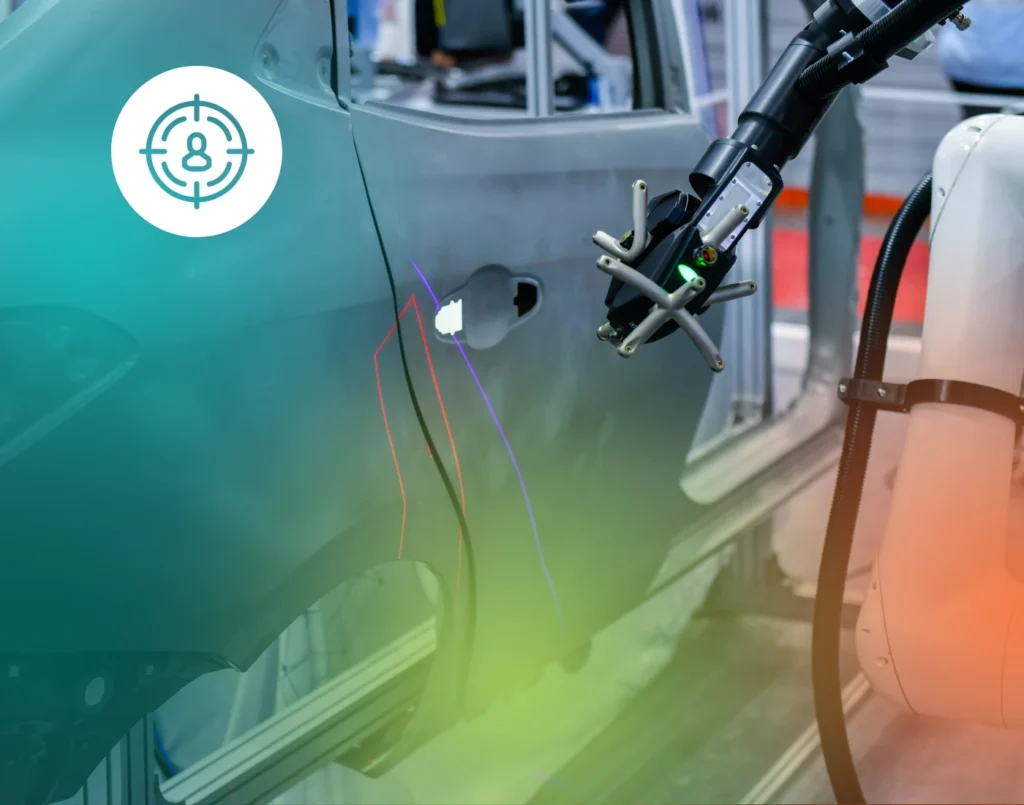Automated manufacturing process and robotic arm inspecting car door, illustrating technical expertise in manufacturing marketing.