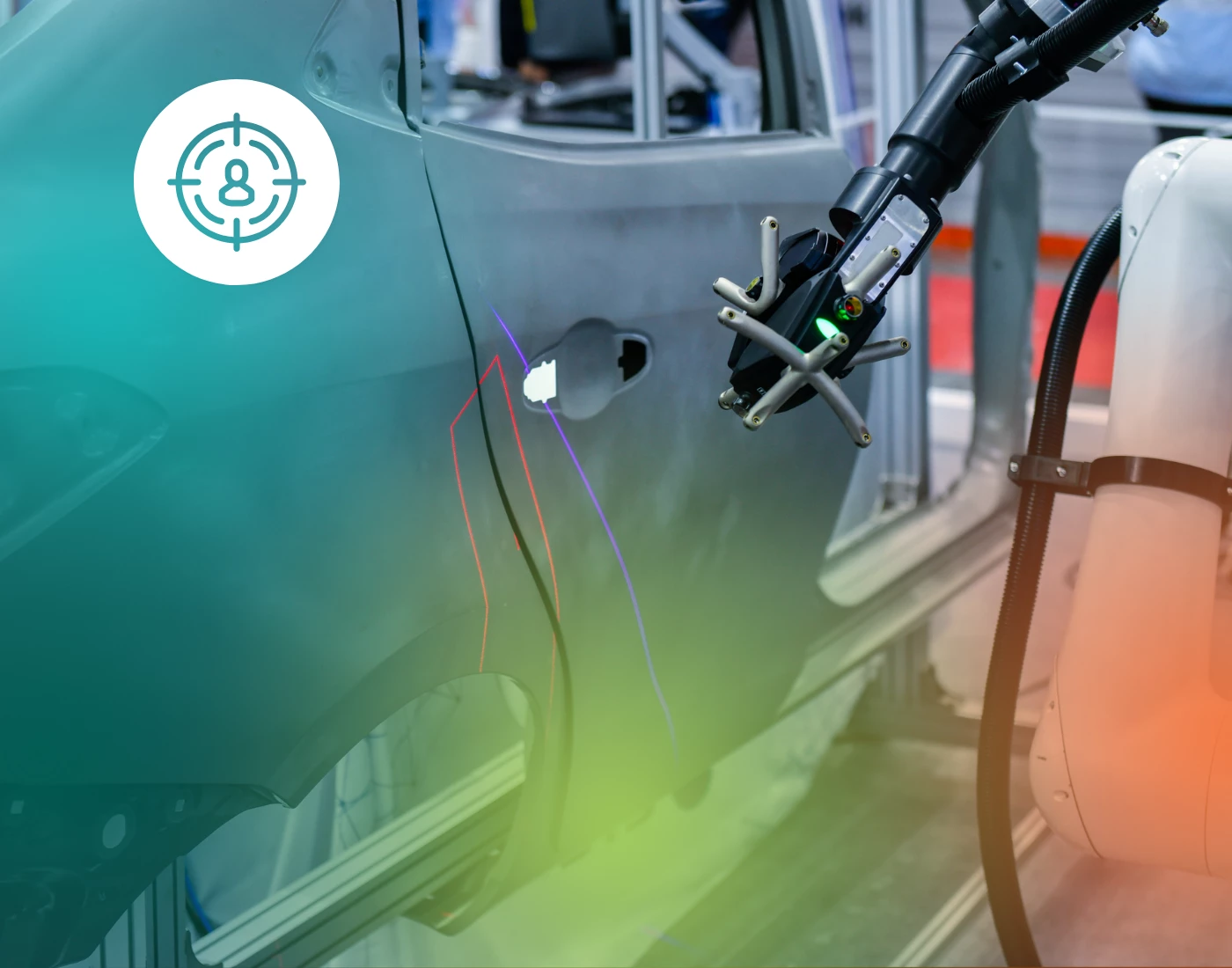 Automated manufacturing process and robotic arm inspecting car door, illustrating technical expertise in manufacturing marketing.